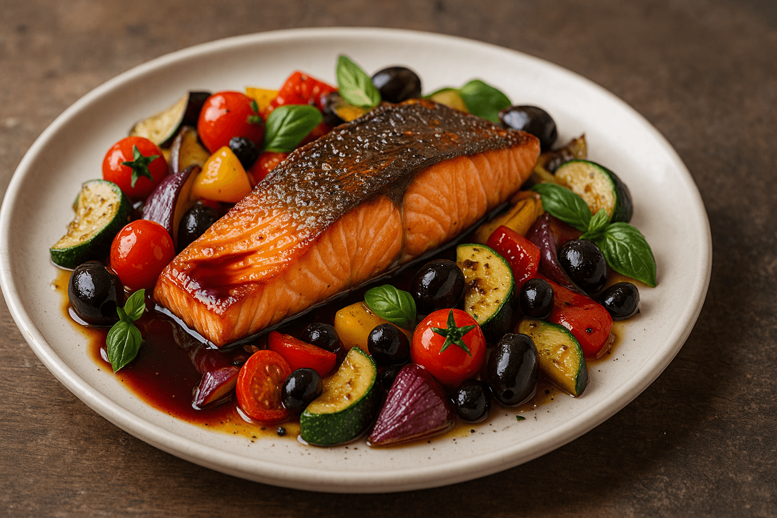 Pan-Seared Salmon with Spiced Red Wine Sauce and Roasted Mediterranean Vegetables